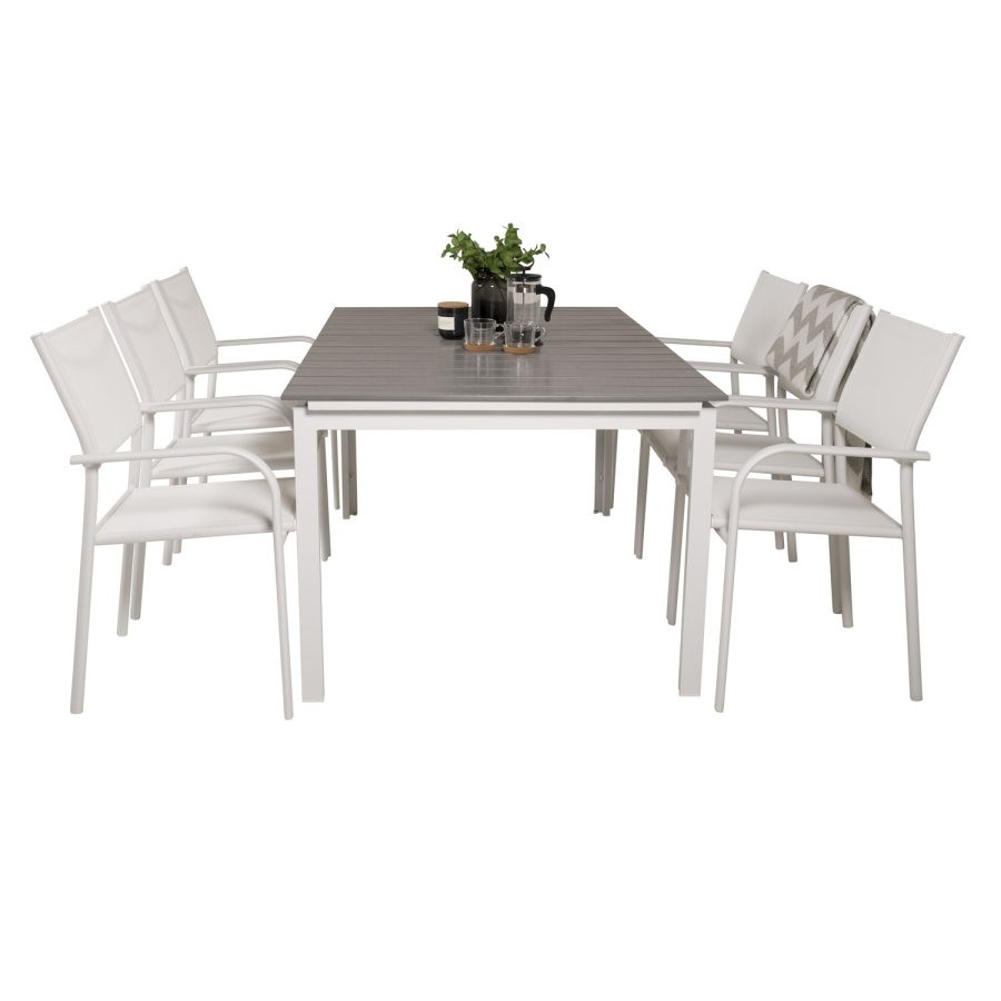 VENTURE DESIGN havest, m. Levels bord, m. udtrk og 6 Santorini stole, m. armln - aintwood/alu 