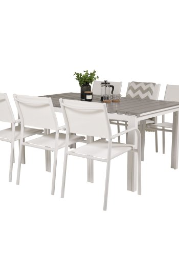 VENTURE DESIGN havest, m. Levels bord, m. udtrk og 6 Santorini stole, m. armln - aintwood/alu 