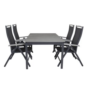 VENTURE DESIGN havest, m. Levels bord, m. udtrk og 4 Albany 5:pos stole - sort alu/gr aintwood