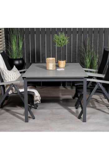 VENTURE DESIGN havest, m. Levels bord, m. udtrk og 4 Albany 5:pos stole - sort alu/gr aintwood