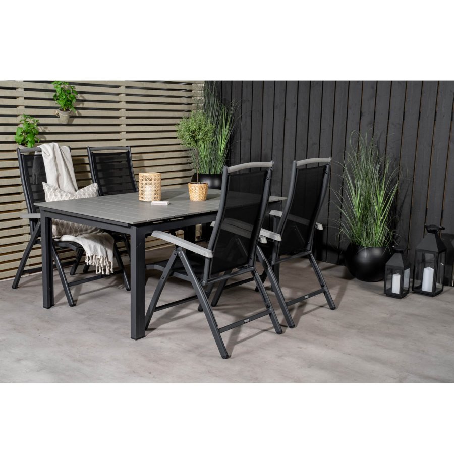 VENTURE DESIGN havest, m. Levels bord, m. udtrk og 4 Albany 5:pos stole - sort alu/gr aintwood