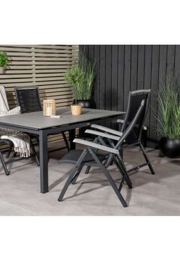 VENTURE DESIGN havest, m. Levels bord, m. udtrk og 4 Albany 5:pos stole - sort alu/gr aintwood