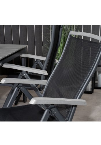 VENTURE DESIGN havest, m. Levels bord, m. udtrk og 4 Albany 5:pos stole - sort alu/gr aintwood