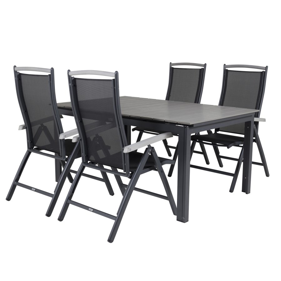 VENTURE DESIGN havest, m. Levels bord, m. udtrk og 4 Albany 5:pos stole - sort alu/gr aintwood