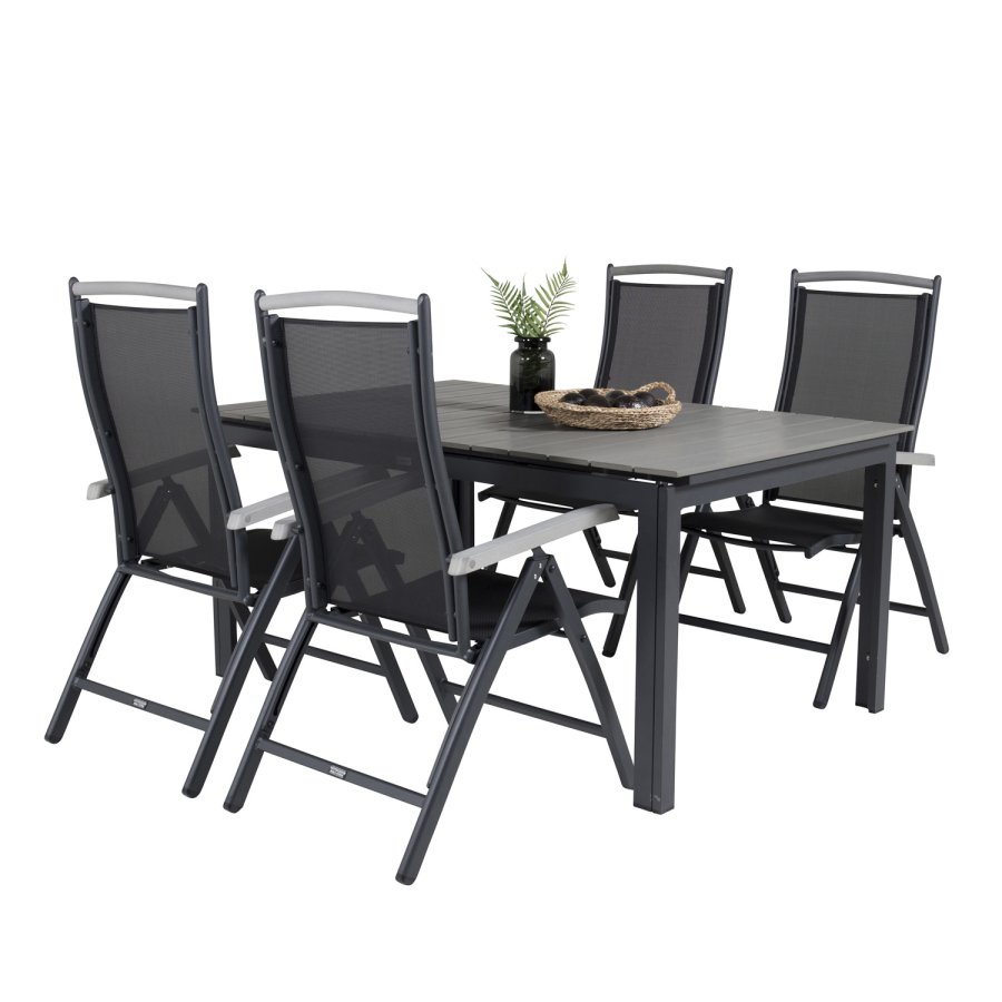 VENTURE DESIGN havest, m. Levels bord, m. udtrk og 4 Albany 5:pos stole - sort alu/gr aintwood