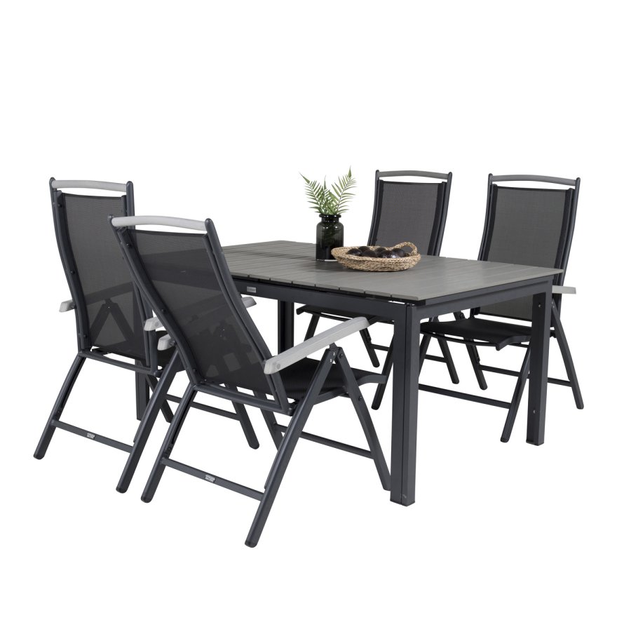 VENTURE DESIGN havest, m. Levels bord, m. udtrk og 4 Albany 5:pos stole - sort alu/gr aintwood