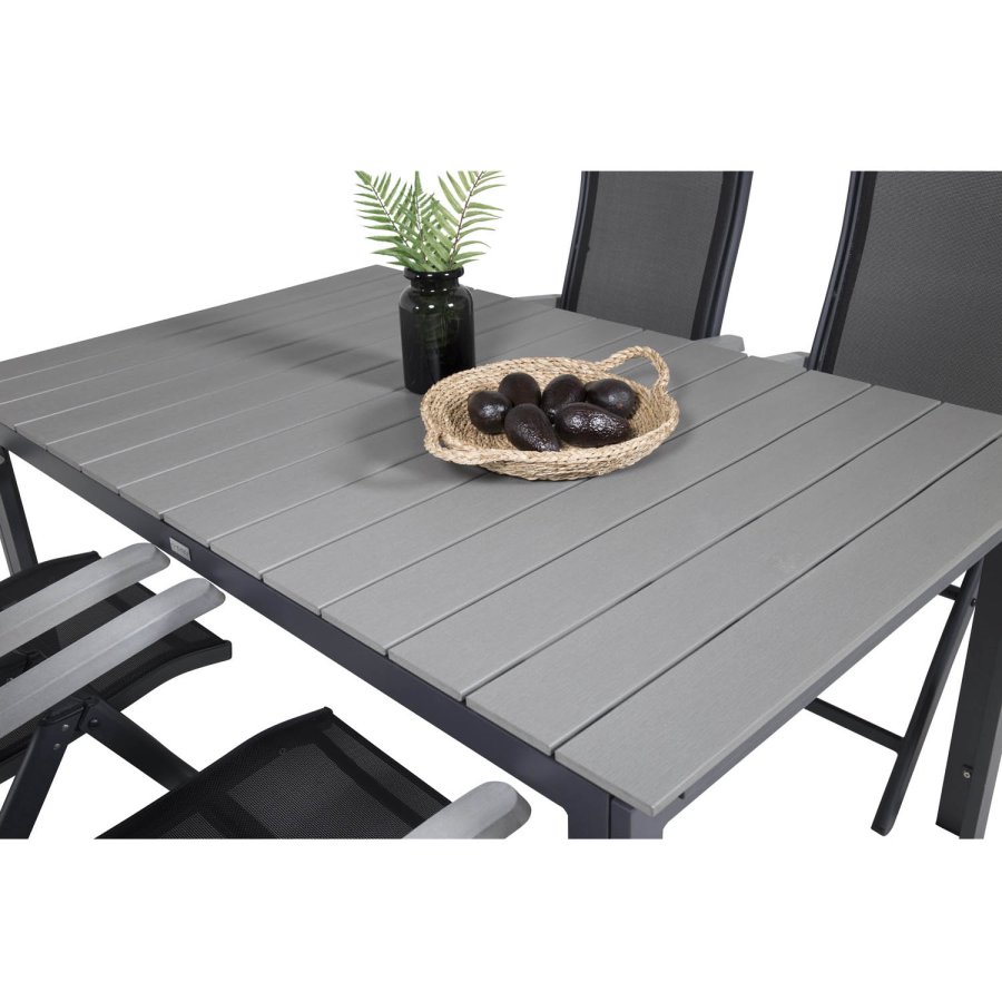 VENTURE DESIGN havest, m. Levels bord, m. udtrk og 4 Albany 5:pos stole - sort alu/gr aintwood