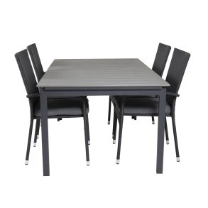 VENTURE DESIGN havest, m. Levels bord, m. udtrk og 4 Anna stole - gr aintwood/sort alu/rattan