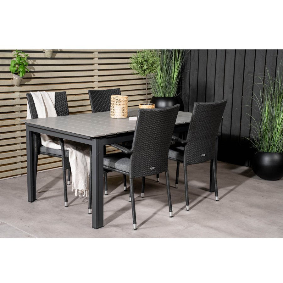 VENTURE DESIGN havest, m. Levels bord, m. udtrk og 4 Anna stole - gr aintwood/sort alu/rattan