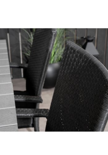 VENTURE DESIGN havest, m. Levels bord, m. udtrk og 4 Anna stole - gr aintwood/sort alu/rattan