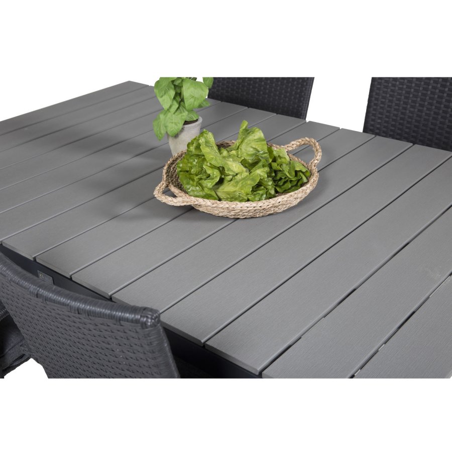 VENTURE DESIGN havest, m. Levels bord, m. udtrk og 4 Anna stole - gr aintwood/sort alu/rattan