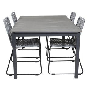 VENTURE DESIGN havest, m. Levels bord, m. udtrk og 4 Lindos stole - gr aintwood/sort alu/gr reb 