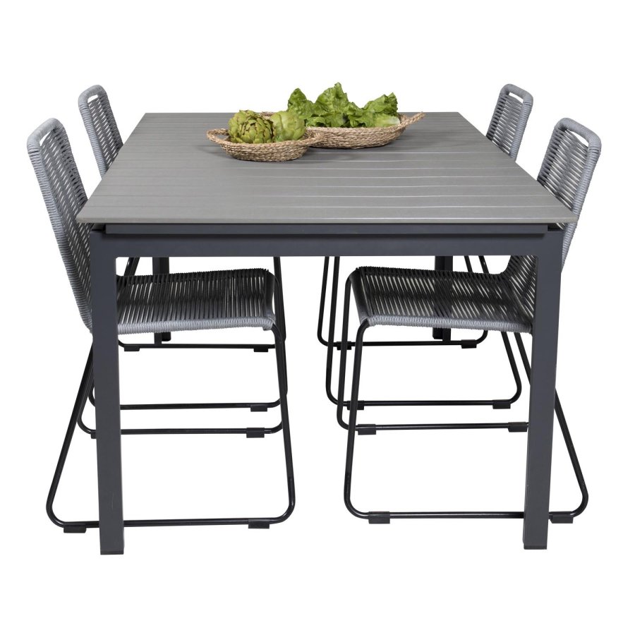 VENTURE DESIGN havest, m. Levels bord, m. udtrk og 4 Lindos stole - gr aintwood/sort alu/gr reb 