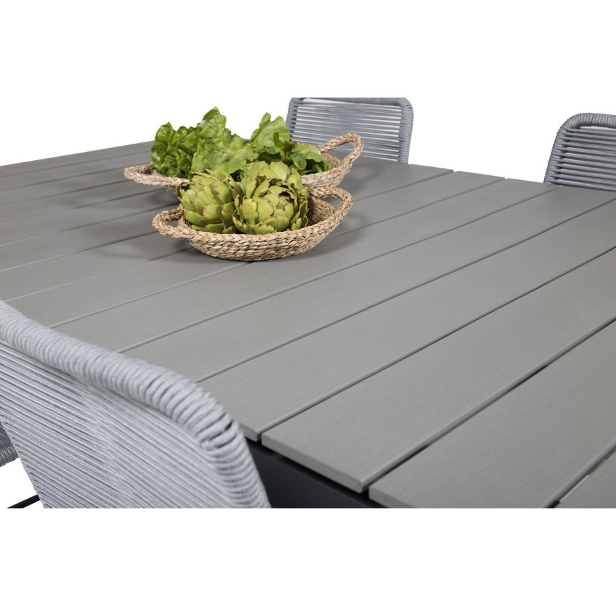 VENTURE DESIGN havest, m. Levels bord, m. udtrk og 4 Lindos stole - gr aintwood/sort alu/gr reb 