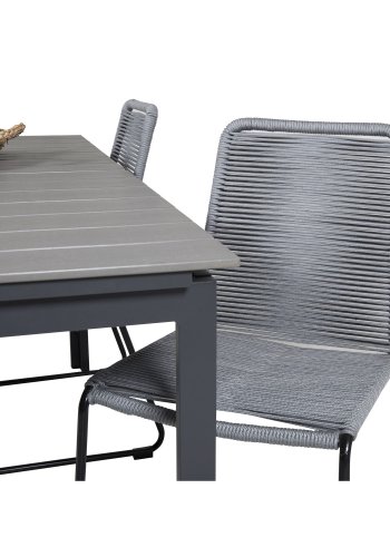 VENTURE DESIGN havest, m. Levels bord, m. udtrk og 4 Lindos stole - gr aintwood/sort alu/gr reb 