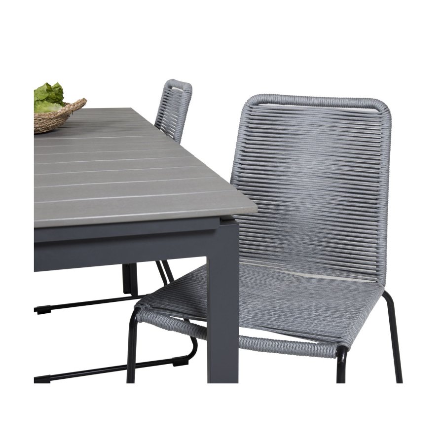 VENTURE DESIGN havest, m. Levels bord, m. udtrk og 4 Lindos stole - gr aintwood/sort alu/gr reb 