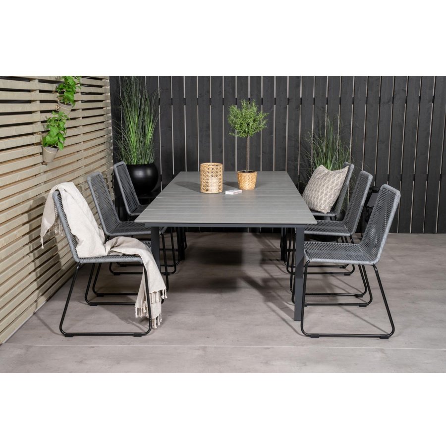 VENTURE DESIGN havest, m. Levels bord, m. udtrk og 6 Lindos stole - aintwood/alu/reb/stl