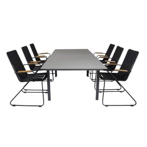 VENTURE DESIGN havest m. Levels bord m. udtrk og 6 Bois stole m. armln - sort reb/gr aintwood