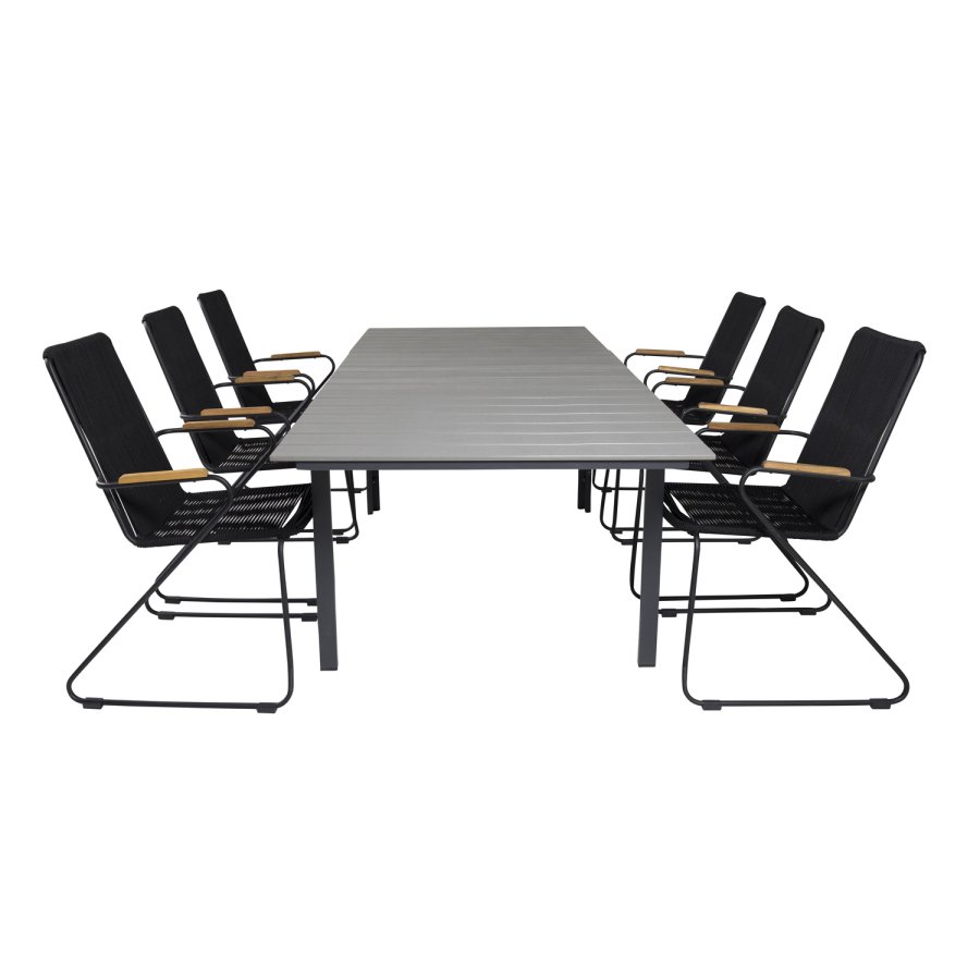 VENTURE DESIGN havest m. Levels bord m. udtrk og 6 Bois stole m. armln - sort reb/gr aintwood