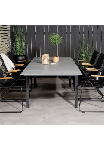 VENTURE DESIGN havest m. Levels bord m. udtrk og 6 Bois stole m. armln - sort reb/gr aintwood