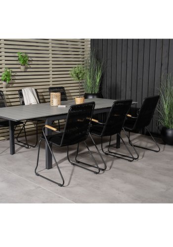 VENTURE DESIGN havest m. Levels bord m. udtrk og 6 Bois stole m. armln - sort reb/gr aintwood