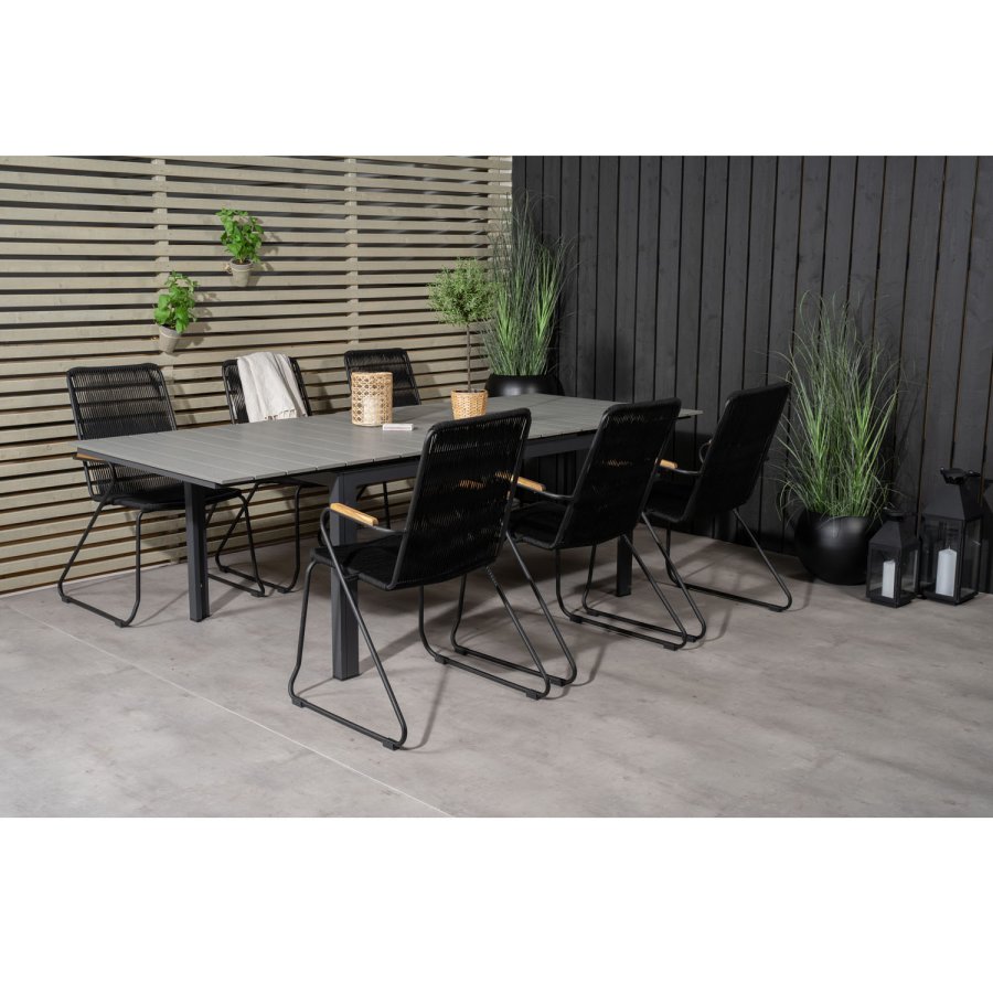 VENTURE DESIGN havest m. Levels bord m. udtrk og 6 Bois stole m. armln - sort reb/gr aintwood