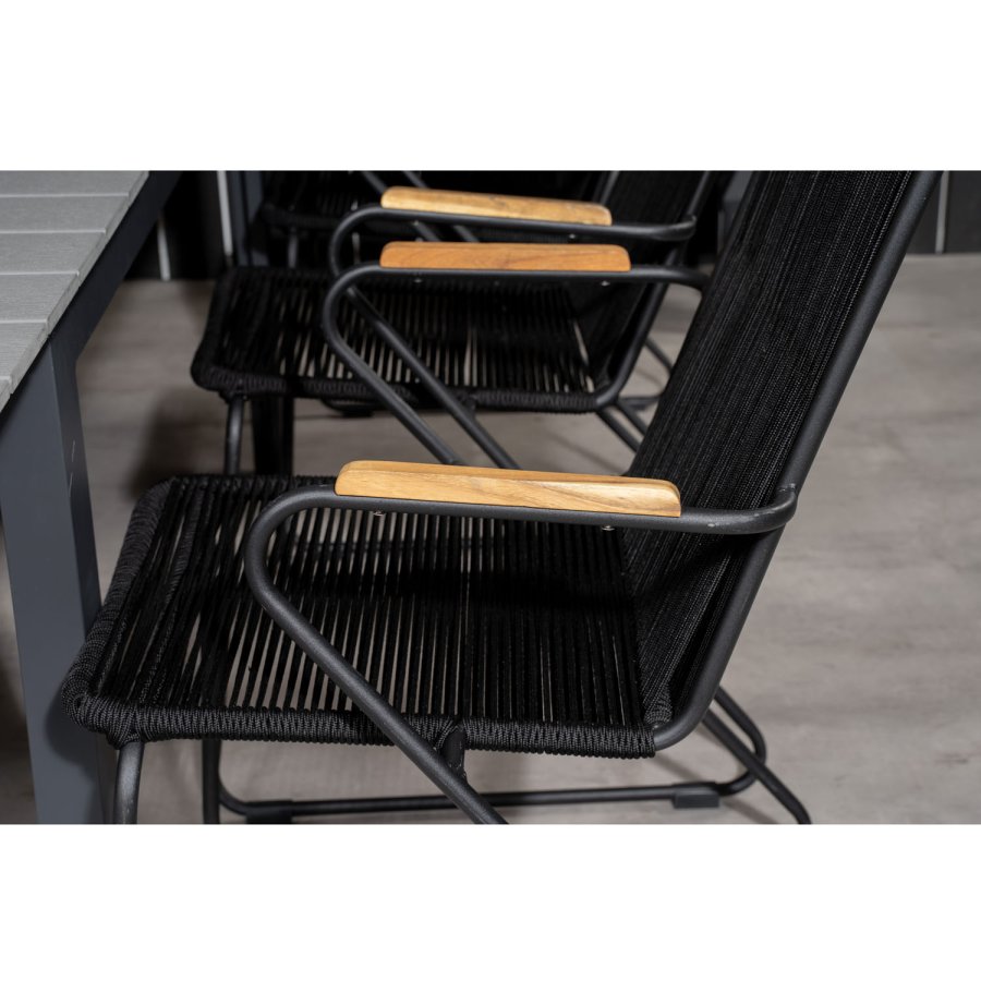 VENTURE DESIGN havest m. Levels bord m. udtrk og 6 Bois stole m. armln - sort reb/gr aintwood