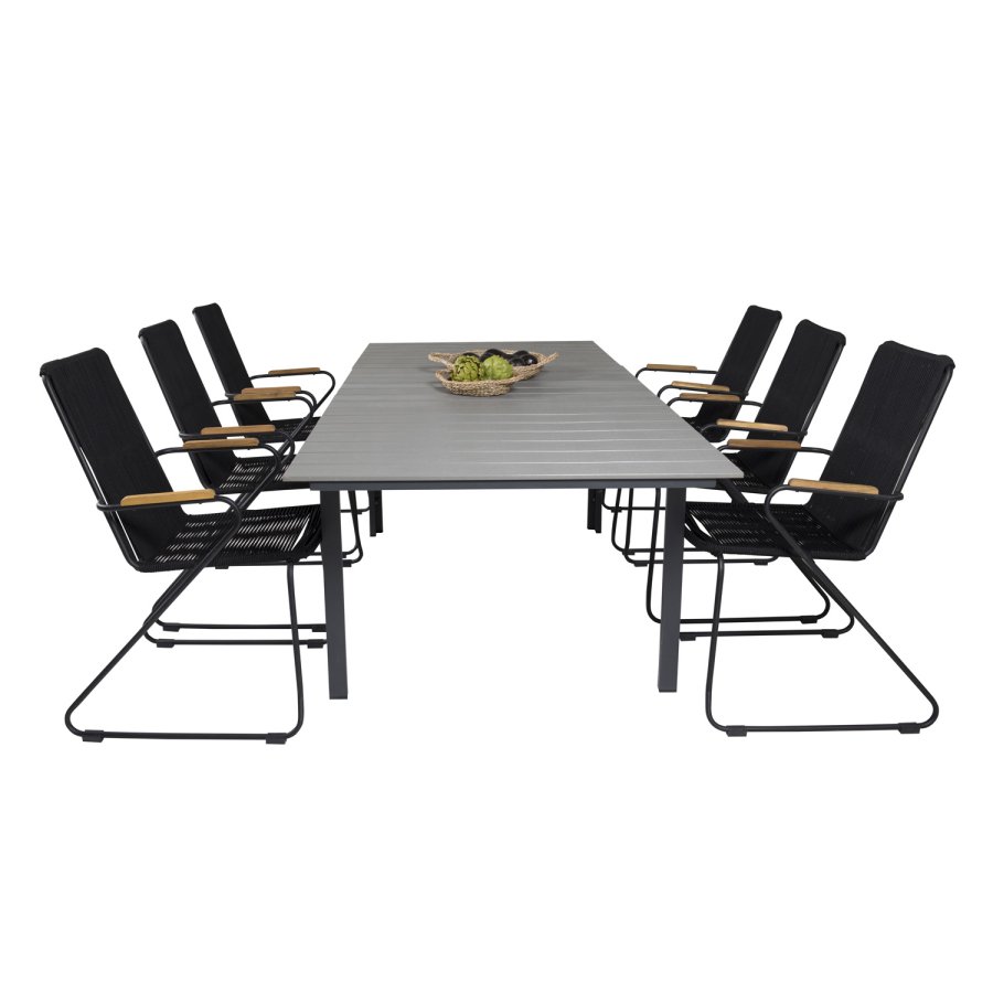 VENTURE DESIGN havest m. Levels bord m. udtrk og 6 Bois stole m. armln - sort reb/gr aintwood