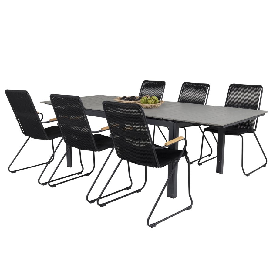 VENTURE DESIGN havest m. Levels bord m. udtrk og 6 Bois stole m. armln - sort reb/gr aintwood