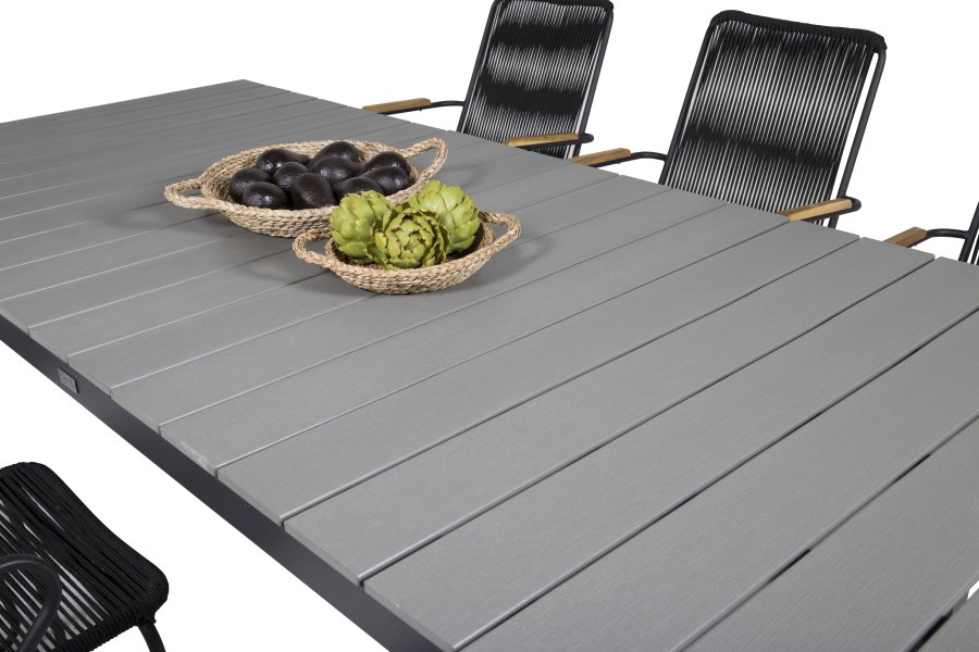 VENTURE DESIGN havest m. Levels bord m. udtrk og 6 Bois stole m. armln - sort reb/gr aintwood