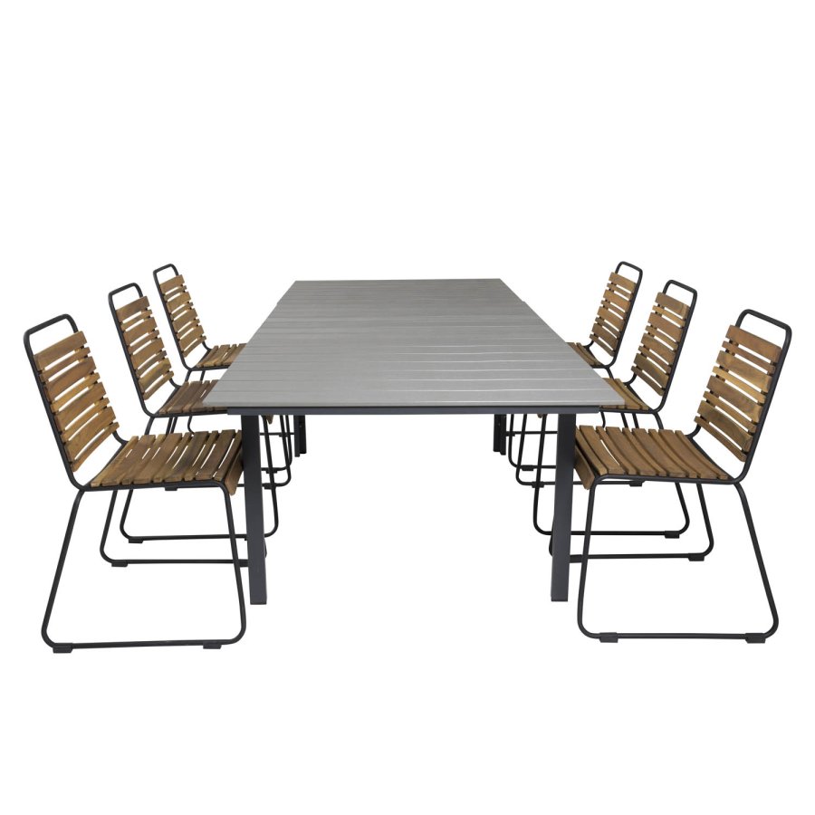 VENTURE DESIGN havest m. Levels bord m. udtrk og 6 Bois stole - akacietr/sort alu/gr aintwood