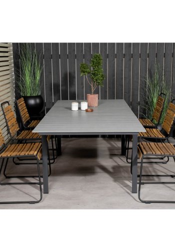 VENTURE DESIGN havest m. Levels bord m. udtrk og 6 Bois stole - akacietr/sort alu/gr aintwood