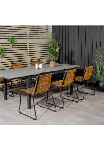 VENTURE DESIGN havest m. Levels bord m. udtrk og 6 Bois stole - akacietr/sort alu/gr aintwood