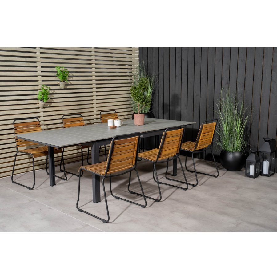 VENTURE DESIGN havest m. Levels bord m. udtrk og 6 Bois stole - akacietr/sort alu/gr aintwood