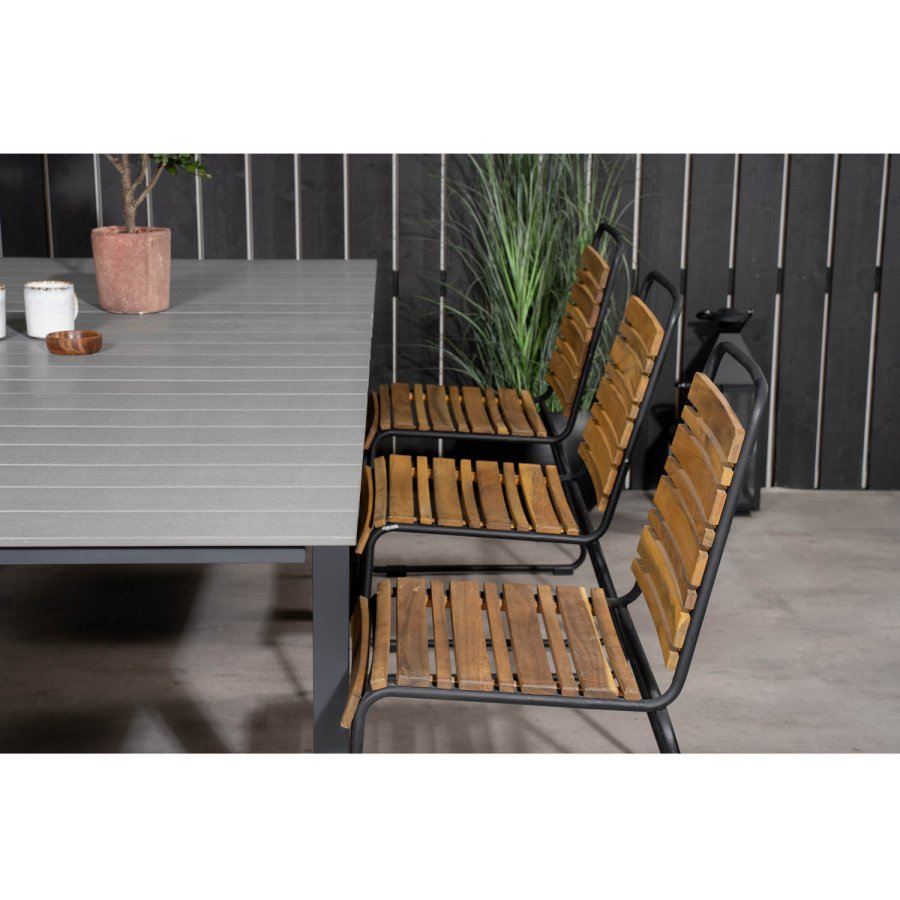 VENTURE DESIGN havest m. Levels bord m. udtrk og 6 Bois stole - akacietr/sort alu/gr aintwood