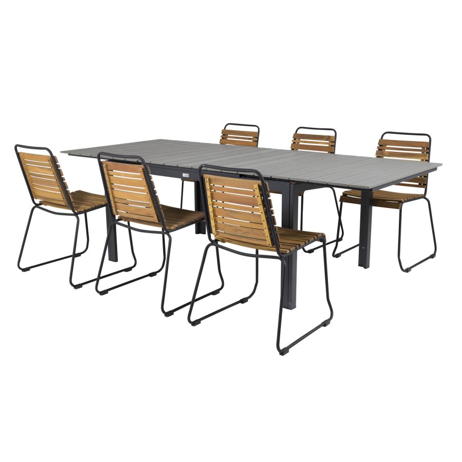 VENTURE DESIGN havest m. Levels bord m. udtrk og 6 Bois stole - akacietr/sort alu/gr aintwood