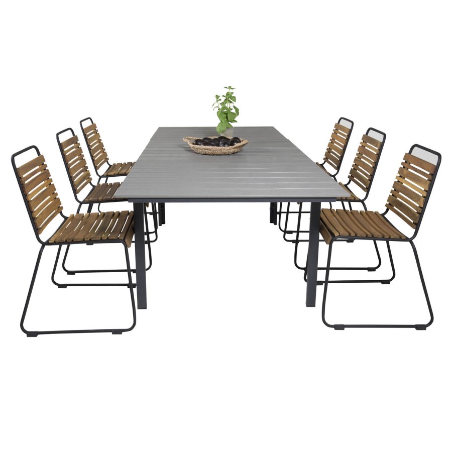 VENTURE DESIGN havest m. Levels bord m. udtrk og 6 Bois stole - akacietr/sort alu/gr aintwood