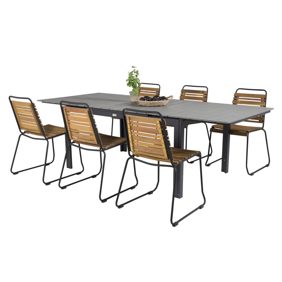 VENTURE DESIGN havest m. Levels bord m. udtrk og 6 Bois stole - akacietr/sort alu/gr aintwood