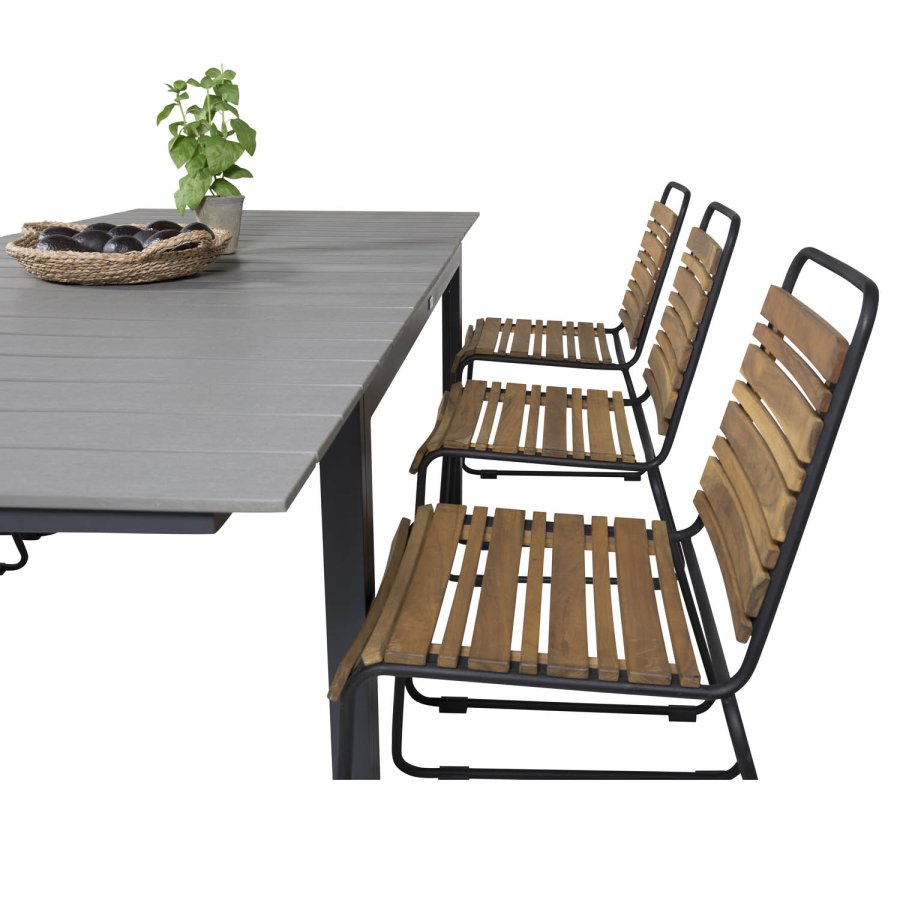 VENTURE DESIGN havest m. Levels bord m. udtrk og 6 Bois stole - akacietr/sort alu/gr aintwood