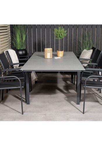 VENTURE DESIGN havest m Levels bord m. udtrk og 8 Santorini stole m armln - gr aintwood/sort alu