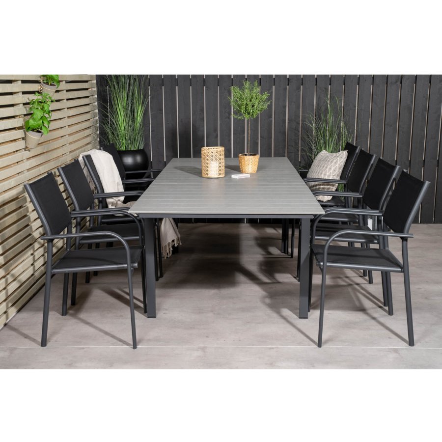 VENTURE DESIGN havest m Levels bord m. udtrk og 8 Santorini stole m armln - gr aintwood/sort alu