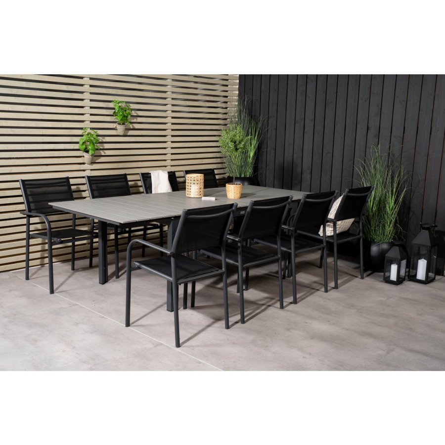 VENTURE DESIGN havest m Levels bord m. udtrk og 8 Santorini stole m armln - gr aintwood/sort alu