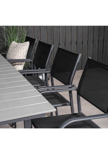 VENTURE DESIGN havest m Levels bord m. udtrk og 8 Santorini stole m armln - gr aintwood/sort alu