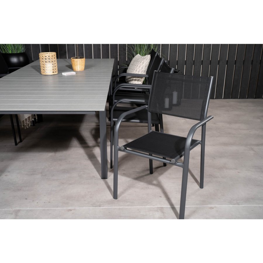 VENTURE DESIGN havest m Levels bord m. udtrk og 8 Santorini stole m armln - gr aintwood/sort alu