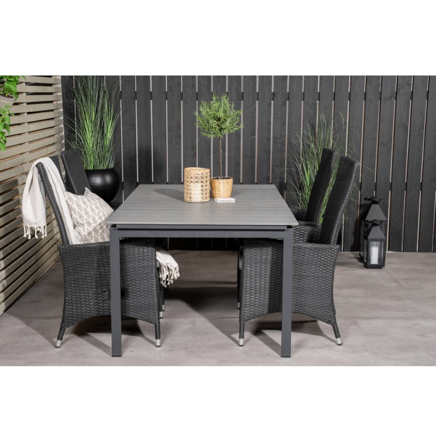 VENTURE DESIGN havest, m. Levels bord, m. udtrk og 4 Padova stole, m. recliner - gr aintwood/alu