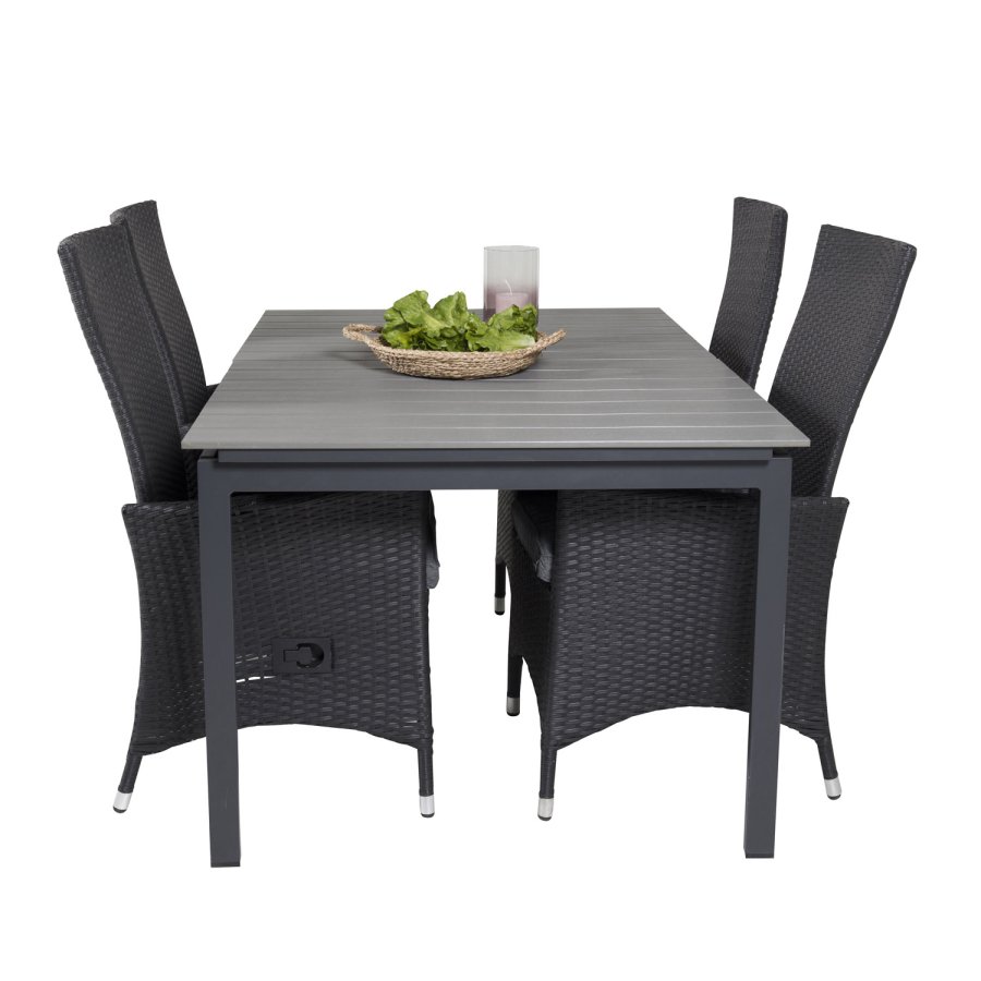 VENTURE DESIGN havest, m. Levels bord, m. udtrk og 4 Padova stole, m. recliner - gr aintwood/alu