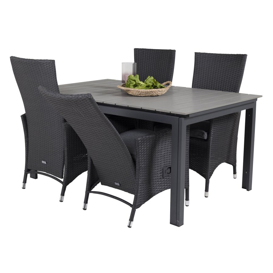 VENTURE DESIGN havest, m. Levels bord, m. udtrk og 4 Padova stole, m. recliner - gr aintwood/alu