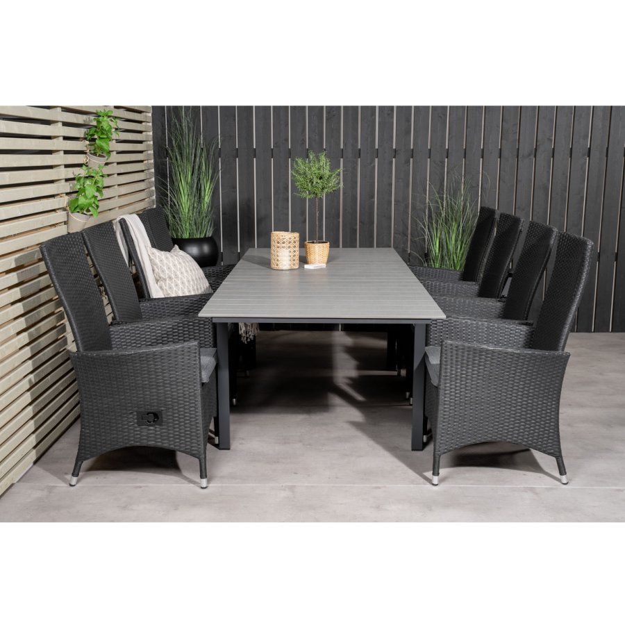 VENTURE DESIGN havest m Levels bord m udtrk og 8 Padova stole m recliner -sort rattan/gr aintwood