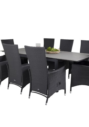 VENTURE DESIGN havest m Levels bord m udtrk og 8 Padova stole m recliner -sort rattan/gr aintwood