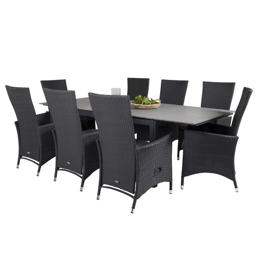 VENTURE DESIGN havest m Levels bord m udtrk og 8 Padova stole m recliner -sort rattan/gr aintwood